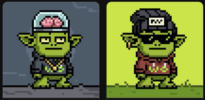 Two pixel-art goblin characters side by side: one wearing a beanie with a visible pink brain and gold chain on a gray background, the other with black hair, sunglasses, and a red hoodie on a green background.