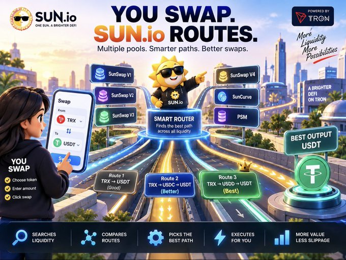 A promotional infographic for SUN.io, powered by TRON, illustrates its "Smart Router" swapping system that compares multiple liquidity pools (SunSwap V1-V4, SunCurve, PSM) to find the best TRX → USDT route, displaying three execution paths: Route 1 (Good), Route 2 (Better), and Route 3 (Best output). The visual reinforces the post's message that behind a simple swap click, factors like liquidity depth, trade size, and routing determine the final execution price a user receives.