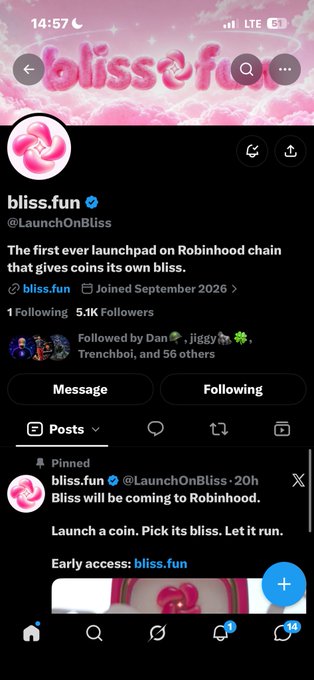 A Twitter/X profile for "bliss.fun" (@LaunchOnBliss) describing itself as "The first ever launchpad on Robinhood chain that gives coins its own bliss," with a pinned tweet about launching on Robinhood.