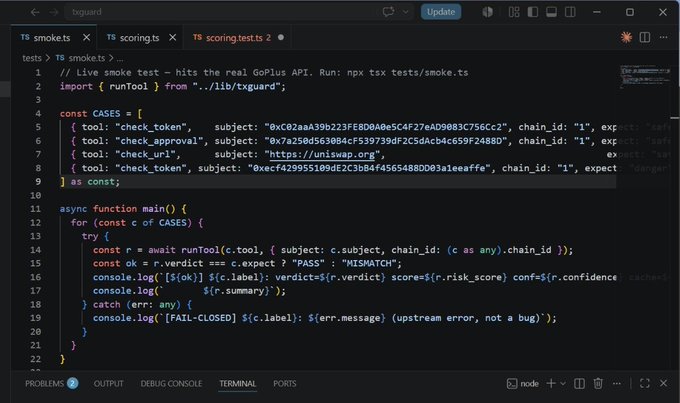 A VS Code editor displaying a TypeScript smoke test file for a Live smoke test against the real GoPlus API, running through several test cases including check_token and check_approval.