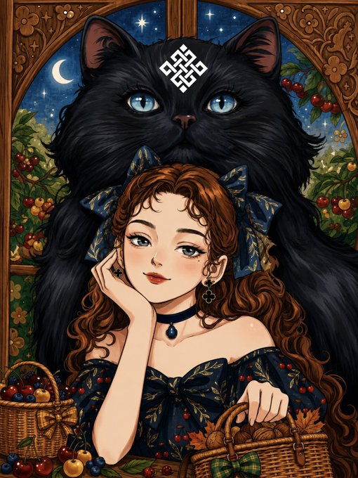 An ornate illustration of a woman with curly brown hair and blue ribbons sitting in front of a large black cat with bright blue eyes, surrounded by baskets of berries and fruit under a starry night sky.