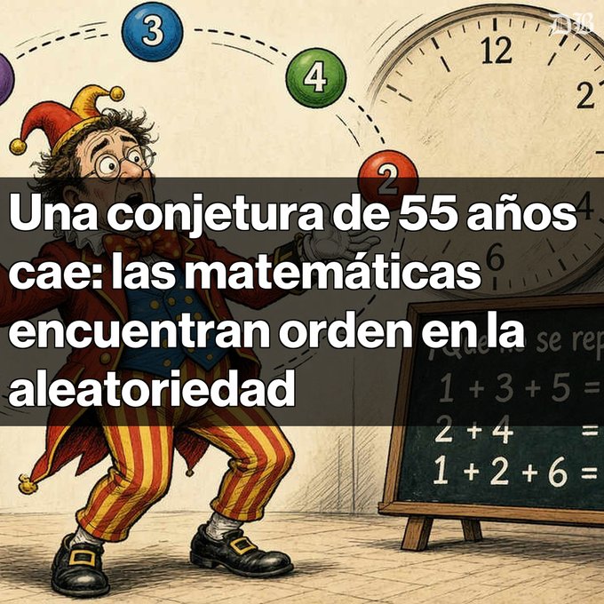 A cartoonish jester juggling numbered balls next to a large clock, overlaid with Spanish text reading 'Una conjetura de 55 años cae: las matemáticas encuentran orden en la aleatoriedad.'