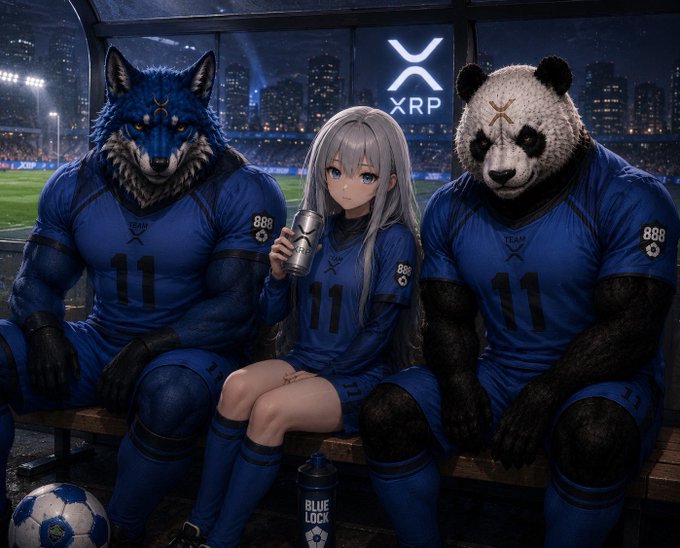 Anime-style artwork showing a grey-haired girl flanked by anthropomorphic wolf and panda figures in blue Team XRP soccer jerseys (number 888/11), with the XRP logo visible in the stadium background and a Blue Lock water bottle nearby.