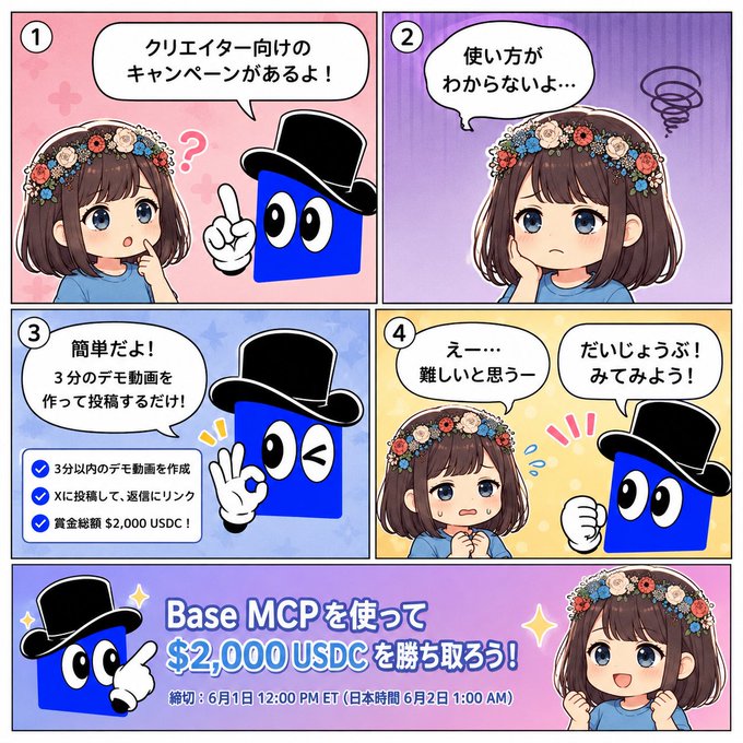 The image features a series of cartoon-style illustrations depicting various characters wearing top hats with flower wreaths around their necks. The illustrations are arranged in a grid format, each one showing different scenarios involving the characters. There's also text present in the image that reads "Base MCPC @base Creator Campaign! It' s intriguing, but videos!? Are they videos!?"