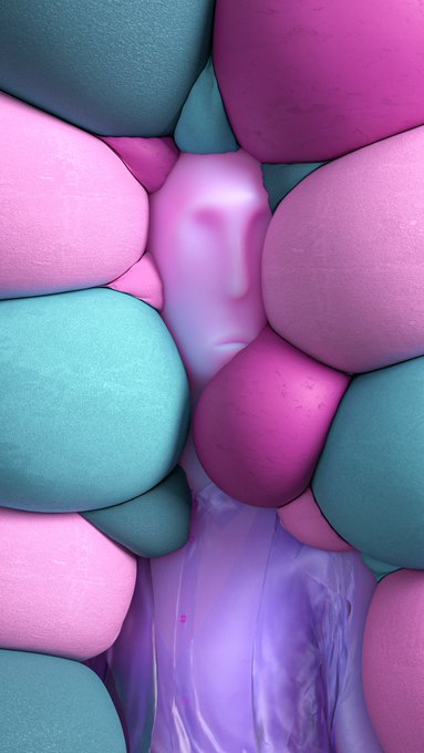 Smooth, pillowy spheres in pastel pinks, teals, and purples squeeze a glossy violet form at the center, evoking the soft yet confining "comfort trap" described in the caption.