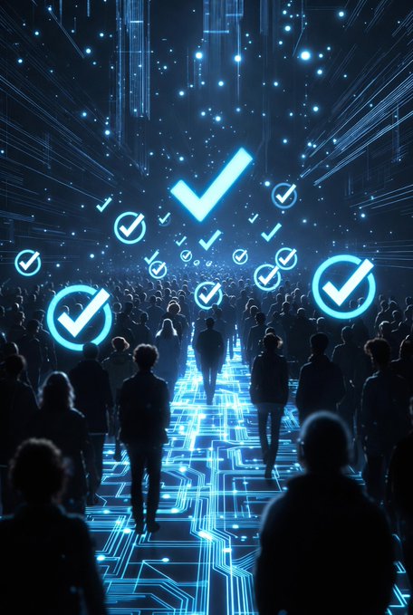 A futuristic digital landscape where silhouetted figures walk along glowing circuit-board pathways beneath floating blue checkmark icons, symbolizing collective approval or verification.