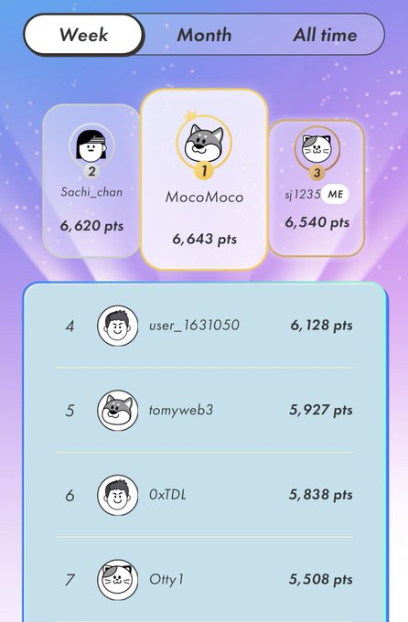 A mobile app screen displays a purple background with three icons representing users and their scores, including "Mascot" and "Mascot 2", each with a score of 6,634 points.