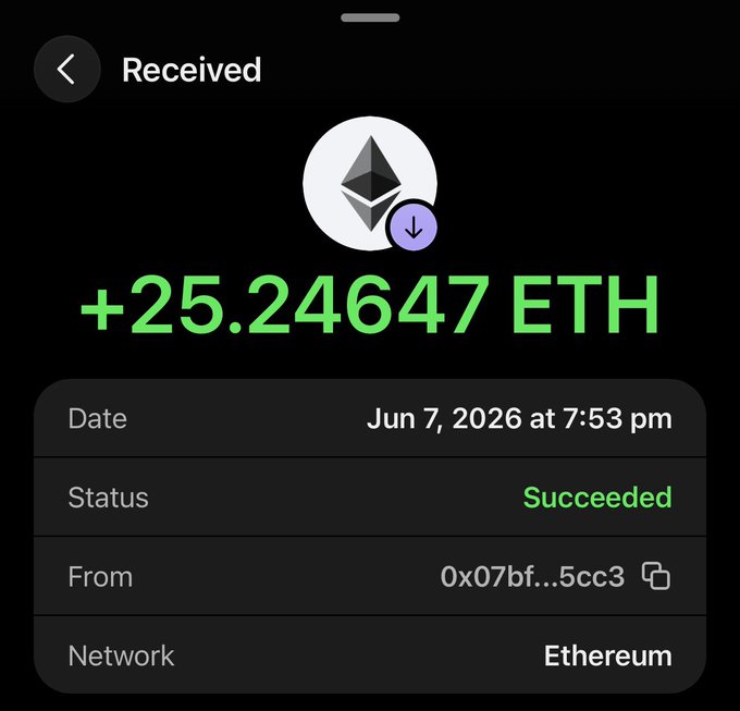 The image shows a cell phone screen displaying a message from Etherscan.io, which reads "Thanks zverev Txid - etherscan.io/tx/0x633d58948 ...". The message also includes an image of a coin and a number that says "25.4M + 2.7M = 26.74M", indicating the success of a cryptocurrency transaction.