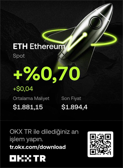 The image displays an OKX TR cryptocurrency trade card for ETH Ethereum showing a +0.70% gain (+$0.04), with an average cost of $1,881.15 and a last price of $1,894.4, featuring a rocket graphic and a QR code linking to tr.okx.com/download.

The card visually represents the modest 0.70% profit mentioned in the post, embodying the user's message that small, stable wins are valuable in the crypto market.