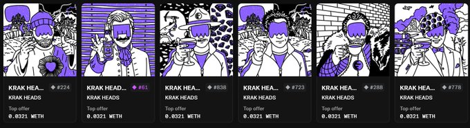 A screenshot showing six NFT items from a collection called "KRAK HEADS" (KRAK HEAd...), each listed as a top offer at 0.0321 ETH.