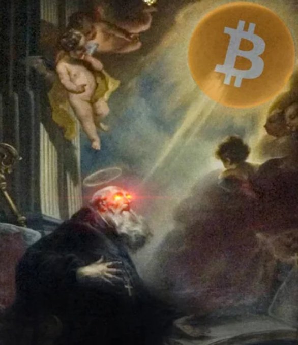 Image of religious figures in the midst of a divine presence and learning the truth behind bitcoin, looking up at a Bitcoin logo. Image intended for the accompanying post which says:"The feeling you get when you finally understand what #Bitcoin truly represents".