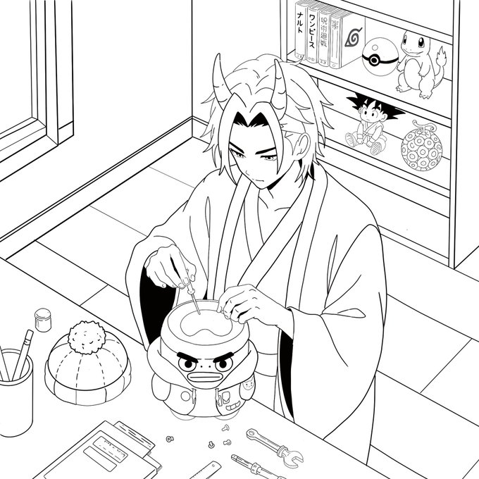 A black and white line art illustration shows a horned character in a kimono repairing or working on a small angry-faced robot, with Pokemon figures and manga visible on shelves behind them.