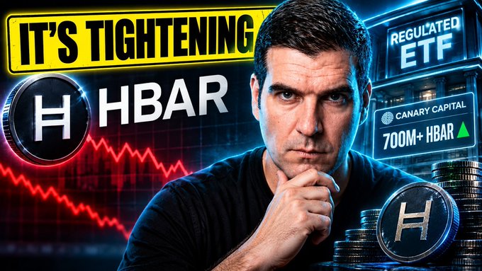 A YouTube thumbnail featuring a man in a black shirt with text 'IT'S TIGHTENING', 'HBAR', 'REGULATED ETF', 'CANARY CAPITAL 700M+ HBAR', and a chart showing a downward red trend.