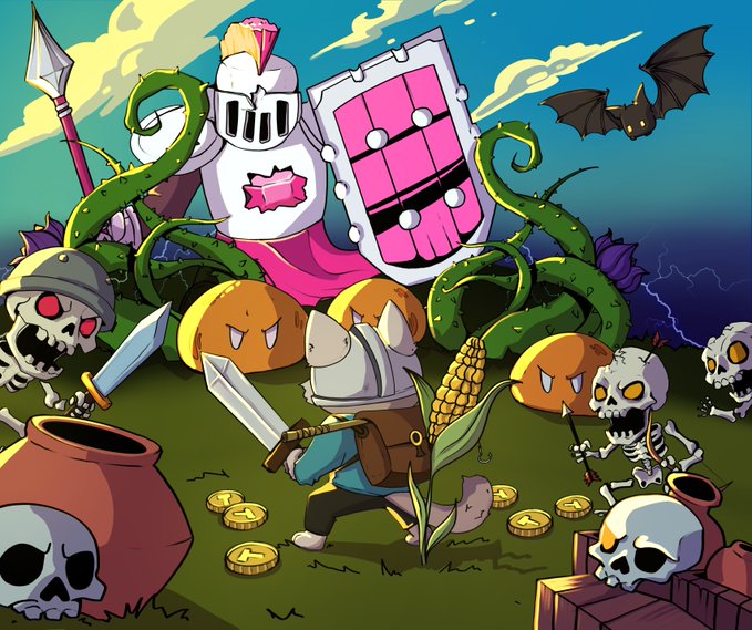 A cartoon illustration of a knight with a sword fighting skeletons, pumpkins, and thorny vines in a colorful fantasy scene.