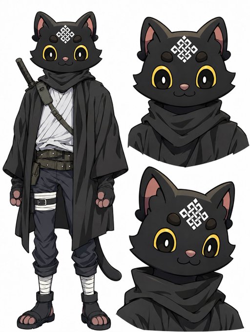An anime-style character design sheet featuring a black cat ninja with a white forehead symbol, shown in a full-body ninja outfit and two close-up portrait views.