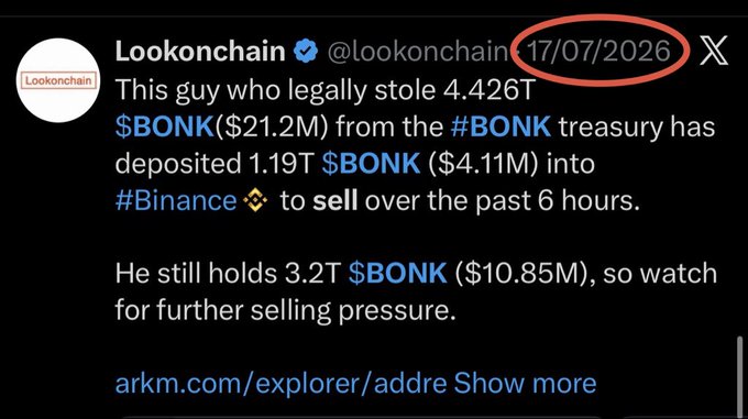 A screenshot of a tweet from Lookonchain (@lookonchain) dated 17/07/2026 about someone who stole 4.426T $BONK from the BONK treasury depositing 1.19T $BONK to Binance to sell.