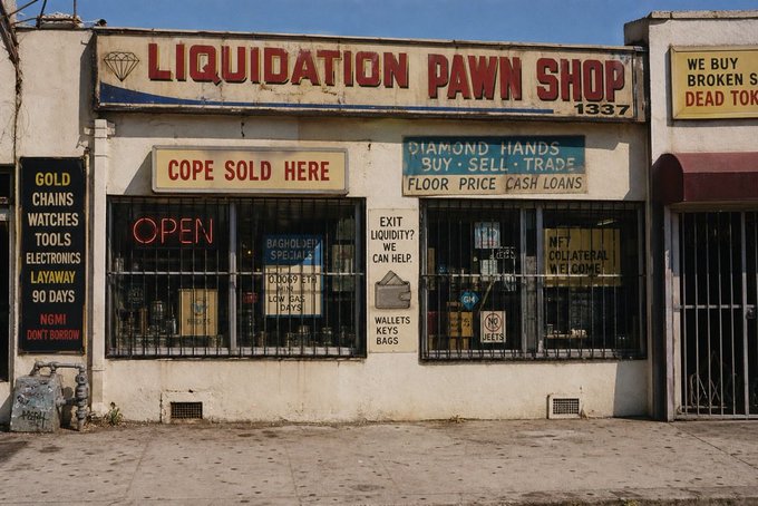 A photograph of a storefront for 'LIQUIDATION PAWN SHOP' advertising gold, chains, watches, tools, electronics, and cash loans.