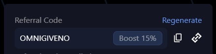 A dark-themed interface displays a referral code section for "OMNIGIVENO" with a "Boost 15%" badge, alongside "Regenerate," copy, and share icons. The image illustrates the upgraded referral code announcement from @variational_io, confirming the 15% points boost and Silver tier perk described in the post.
