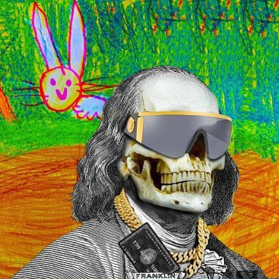 The image features a skull wearing sunglasses and a gold chain, which appears to be a digital illustration of Franklin D. Roosevelt. The background includes an abstract painting with a rabbit and a bird. The image also contains text that reads "One of the most brilliant devs on Bitcoin ordinals @Ob1_Wan_Satoshi founder @OrdDropz Underrated too, he experiments and does things that haven't been tried on chain."