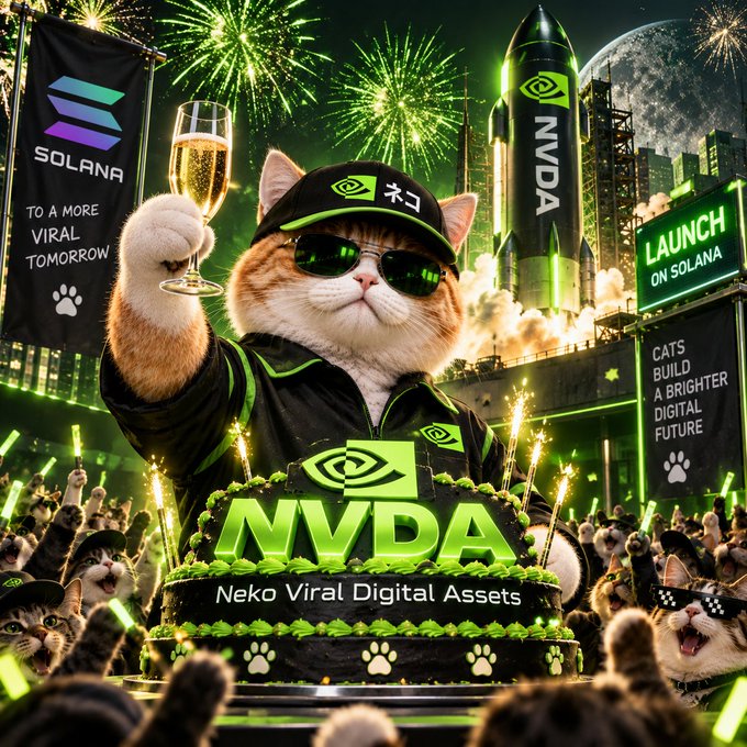 An AI-generated promotional image featuring a cat wearing sunglasses and an NVIDIA cap holding champagne, standing in front of an 'NVDA' launch rocket and 'NVDA - Neko Viral Digital Assets' cake, with banners reading 'SOLANA TO A MORE VIRAL TOMORROW' and 'CATS BUILD A BRIGHTER DIGITAL FUTURE'.