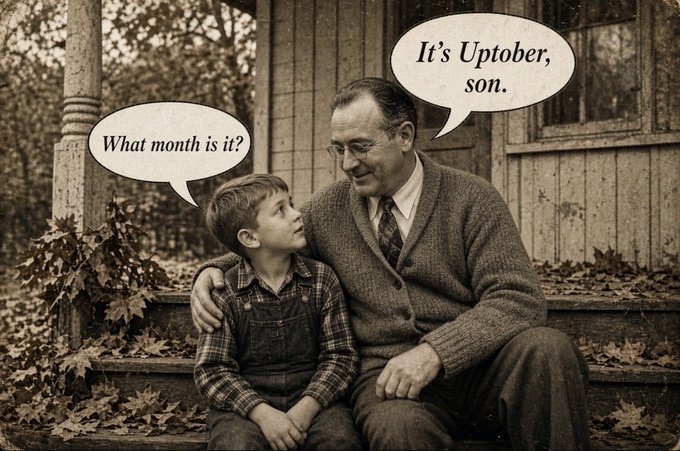 A vintage sepia-toned photo shows a young boy asking "What month is it?" while a man beside him answers "It's Uptober, son." The image humorously illustrates the "Uptober" stock market phrase referenced in the post, playing on the October date as a play on words for bullish market sentiment.
