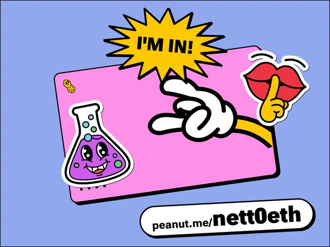 A pop-art style promotional graphic showing a cartoon purple potion flask with a smiling face, a hand pointing to it, and lips with a finger shushing, accompanied by the text 'I'M IN!' and 'peanut.me/nett0eth'.