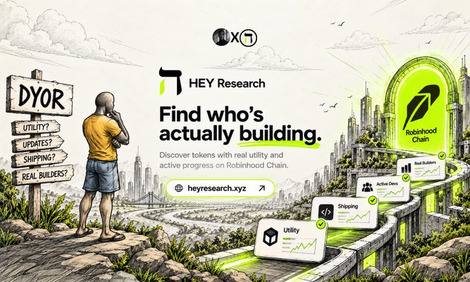 A promotional banner for "HEY Research" advertising "Find who's actually building," featuring a DYOR signpost, a figure looking at a futuristic cityscape, and cards representing Utility, Shipping, Active Devs, and Real Builders on the Robinhood Chain.
