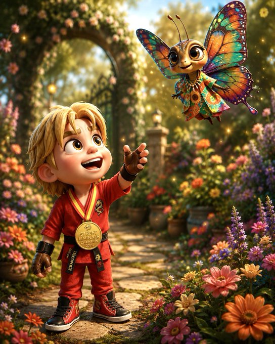 A 3D-rendered blonde boy in a red martial arts uniform with a gold medal stands in a vibrant flower garden, reaching up toward a smiling, personified butterfly.