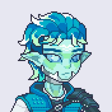 A pixel art portrait of a blue-haired elf-like character with pointed ears wearing a blue vest over a white shirt.