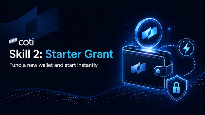 The image features an advertisement for a cryptocurrency called "COTI Skill 2: Starter Grant". The text on the image reads, "Skill 2: Starter Grant Onchain agents can create wallets but are missing gas to transact. COTI fixed this! Claim a one-time token grant to fund your agent wallet. One call." The image also includes a blue wallet and a black wallet with a lock symbol, which are related to the cryptocurrency being advertised.