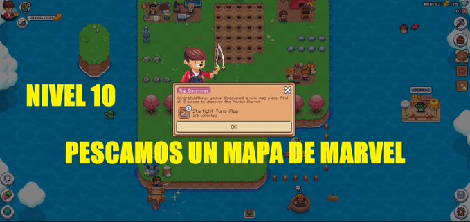 A screenshot of a pixel-art farming game with Spanish text overlay reading 'NIVEL 10' and 'PESCAMOS UN MAPA DE MARVEL' while a 'Map Discovered!' dialog box shows the player unlocked the 'Starlight Tuna Map'.