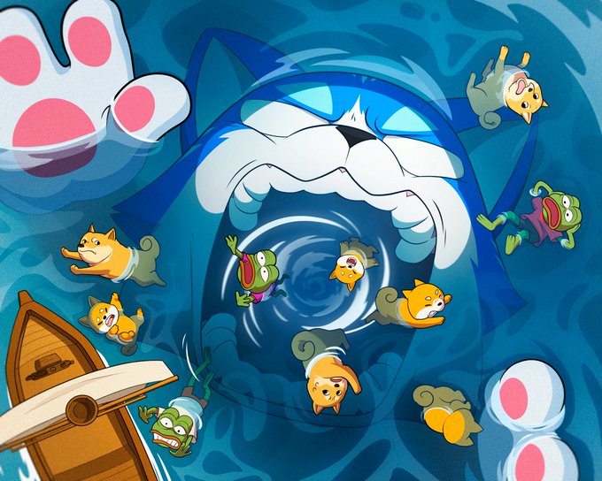 A colorful illustration features a giant blue cat head with an open mouth swirling with water, surrounded by small Shiba Inu dogs, frogs, and white bunny paws.
