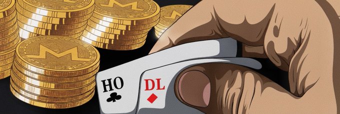 An illustrated hand holding two playing cards, the HO (clubs) and DL (diamonds), in front of stacks of gold Monero (XMR) cryptocurrency coins.