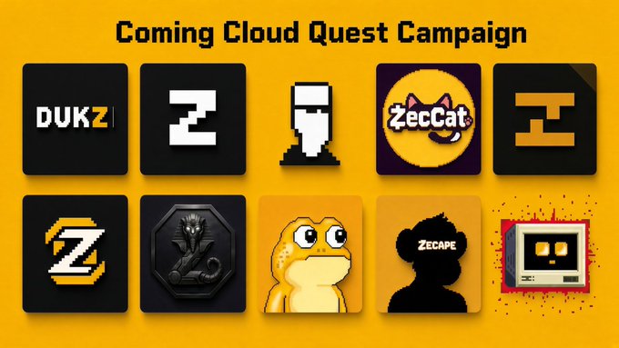 The image promotes a "Coming Cloud Quest Campaign" featuring a grid of 10 NFT project logos with names visible including DUKZ, Z (Zilkroad), ZecCats, and Zecape, illustrating the various pixel-art and identity-based projects mentioned in the accompanying post about Zcash's shielded NFT ecosystem.