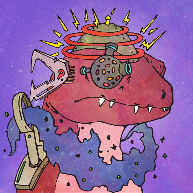 A colorful illustration of a cybernetic pink dinosaur-like creature with mechanical attachments, a spiked helmet emitting lightning bolts, and a galaxy-patterned body, set against a purple starry background.
