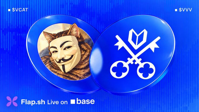 A promotional graphic with a blue background featuring two circular badges: one showing a cat wearing an Anonymous mask (labeled '$VCAT') and another with crossed keys and a crown (labeled '$VVV'), with 'Flap.sh Live on base' text at the bottom.