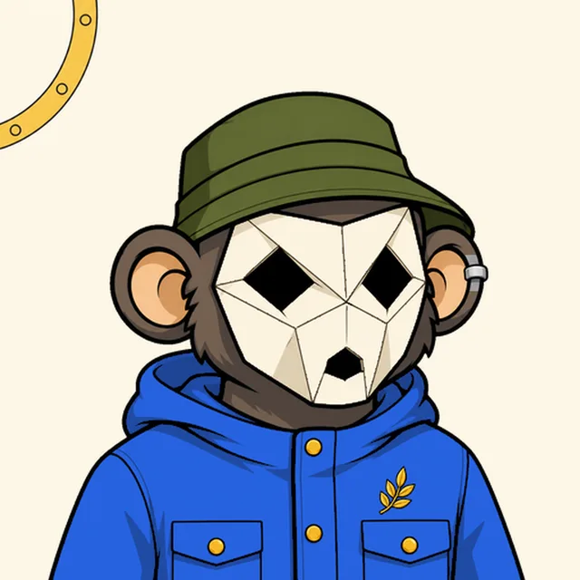 A cartoon illustration of a monkey character wearing a green bucket hat and a geometric white mask, dressed in a blue jacket with gold buttons and a leaf emblem.