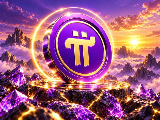 A purple Pi (π) cryptocurrency coin with gold accents displayed on a glowing pedestal surrounded by purple crystals and a sunset sky.