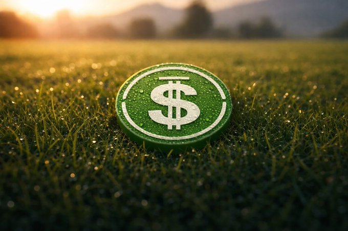 A green token or coin featuring a white dollar sign ($) rests on dewy grass in a field, with a warm sunset and mountains visible in the blurred background.