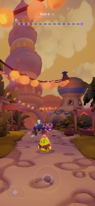 A screenshot from a mobile video game showing a yellow bird character running along a path with 'Path 6 4%' displayed at the top and 7 of 20 coins collected.