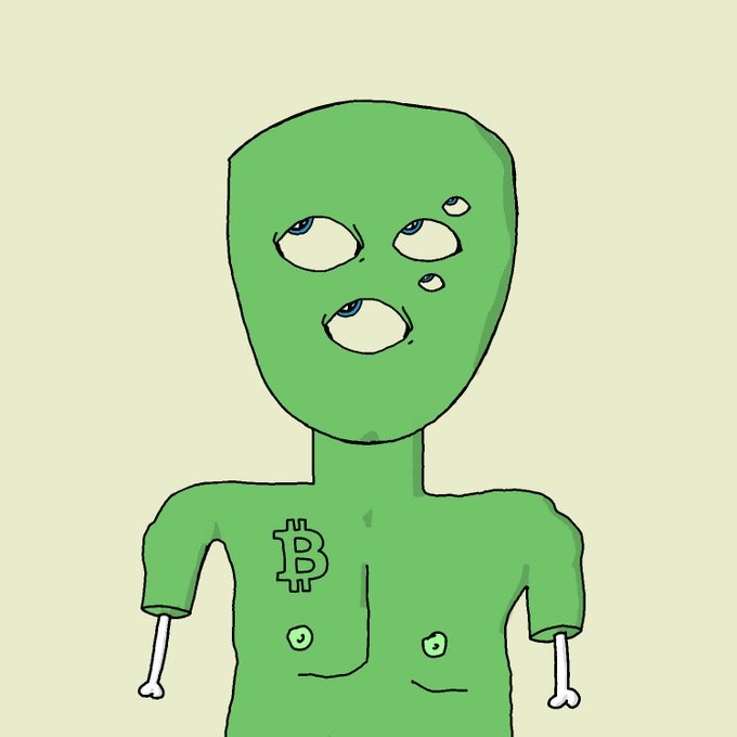 A crude digital drawing of a green humanoid figure with multiple eyes and a Bitcoin symbol on its chest, with bones protruding from its sleeves.