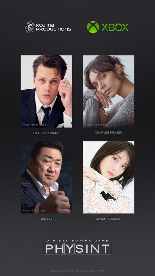 A casting announcement graphic for the Kojima Productions and Xbox game 'PHYSINT', featuring headshots of actors Bill Skarsgård, Charlee Fraser, Don Lee, and Minami Hamabe.