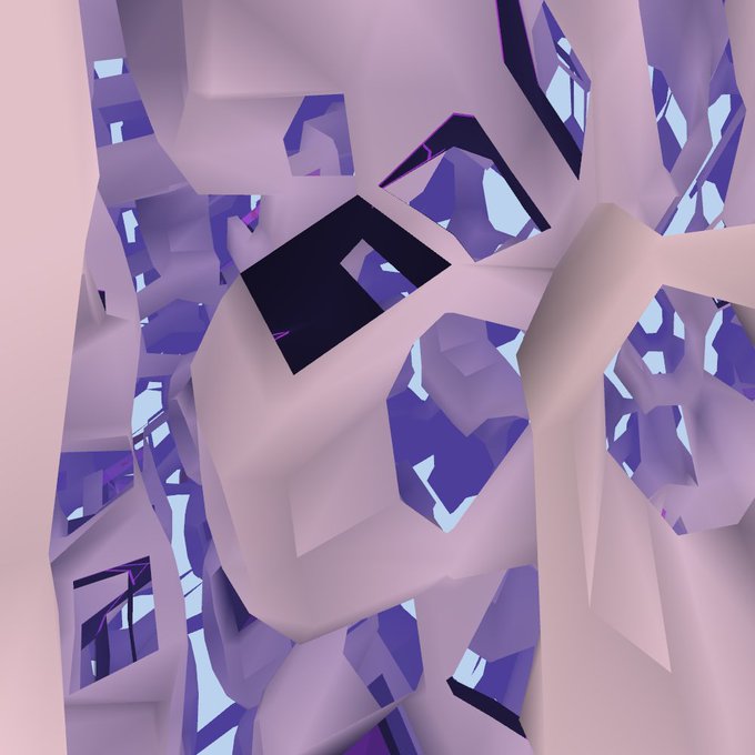 An abstract 3D digital artwork featuring geometric shapes in pink and purple tones with fragmented mirrored surfaces.