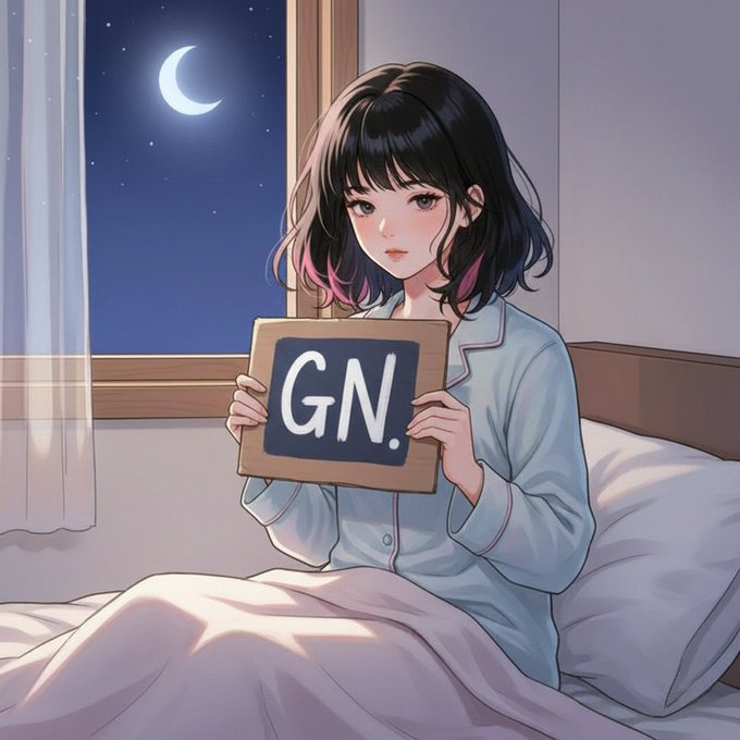 An anime-style illustration of a girl with dark hair sitting in bed under moonlight, holding a chalkboard sign that reads 'GN.' (good night).