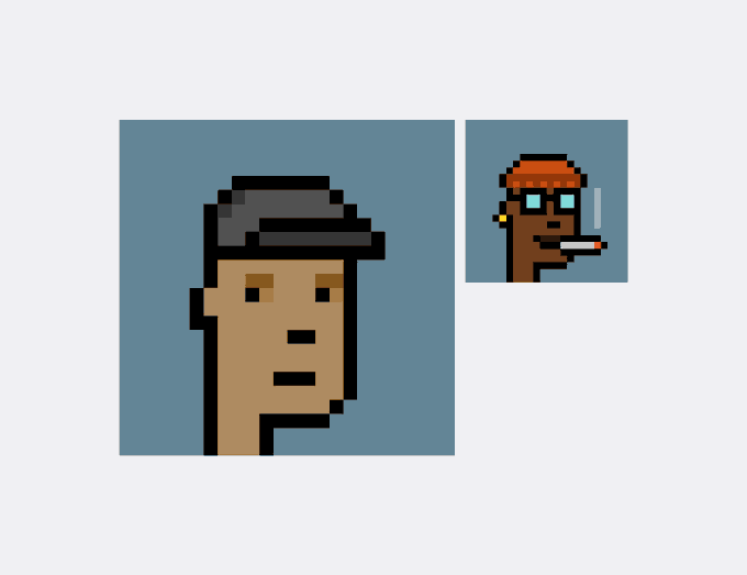 Pixel art portraits of two characters, one wearing a fedora and another with orange hair holding a cigarette, set against blue backgrounds.