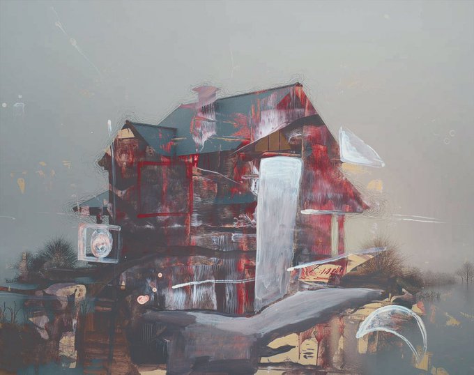 A moody, abstract painting of a dilapidated red house in a misty landscape, with smeared textures and loose, expressive brushwork.