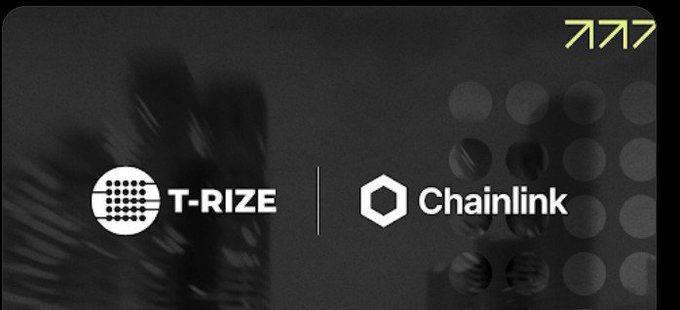 A promotional graphic displaying the logos for 'T-RIZE' and 'Chainlink' partnerships.