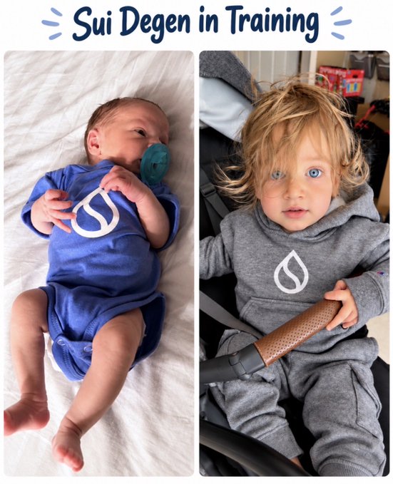 A side-by-side image captioned 'Sui Degen in Training' showing a newborn baby in a blue Sui-branded onesie and a toddler in a gray Sui-branded hoodie, both wearing the Sui cryptocurrency logo.