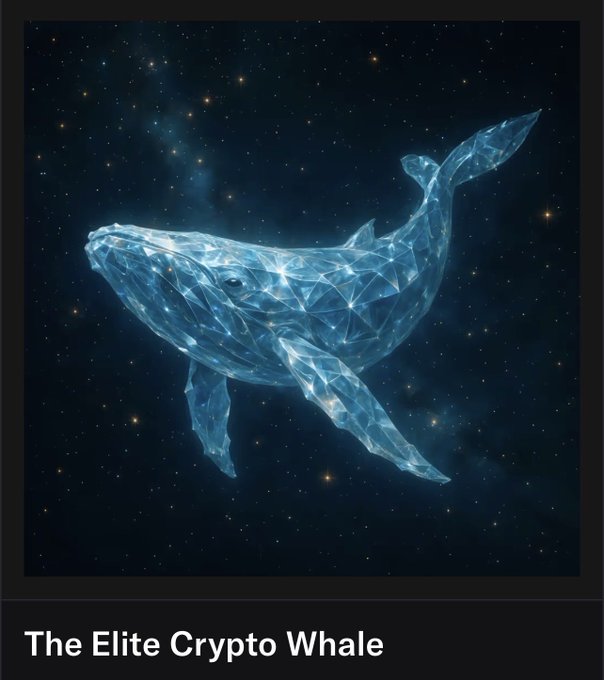 Digital artwork titled 'The Elite Crypto Whale' depicting a translucent geometric whale composed of triangular facets swimming through a starry night sky.