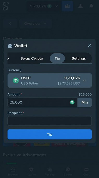 A wallet interface shows the "Tip" tab selected with a USDT (Tether) balance of 9,73,626 (~$9,73,626 USD), where $25,000 is entered as the tip amount, though no recipient has been specified yet. The image appears to demonstrate a crypto tipping feature being prepared for sending tips to participants.
